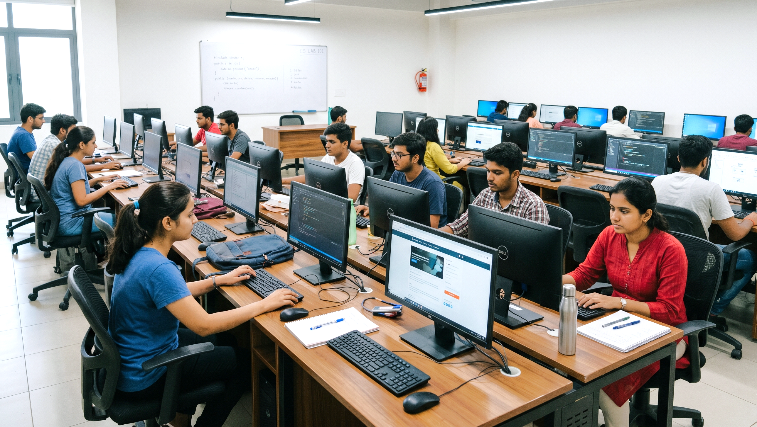 Students in a modern computer lab collaborating and learning